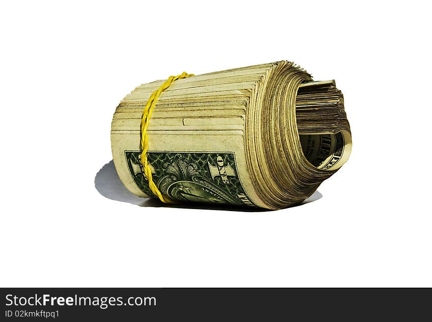 Packing from 100 denominations of the American dollars advantage in 1 dollar, braided in a tube an elastic band. Packing from 100 denominations of the American dollars advantage in 1 dollar, braided in a tube an elastic band