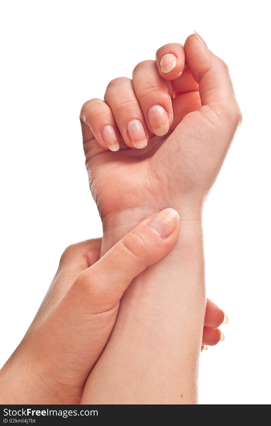 Female hand isolated on white background. Studio shot