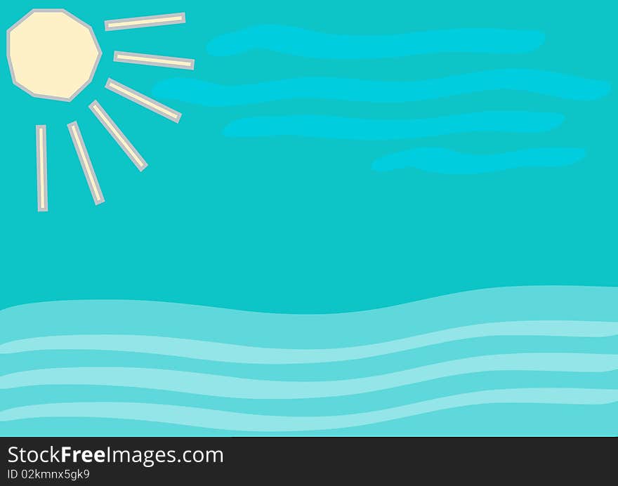 Sunny illustration with clouds and waves