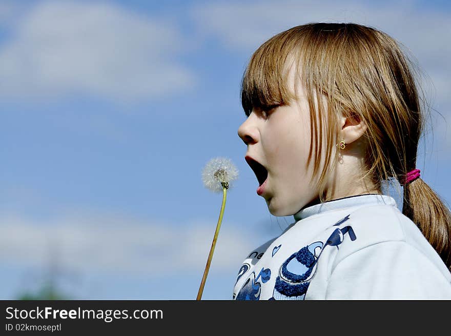 Little girl blowing a dandelion in bloom