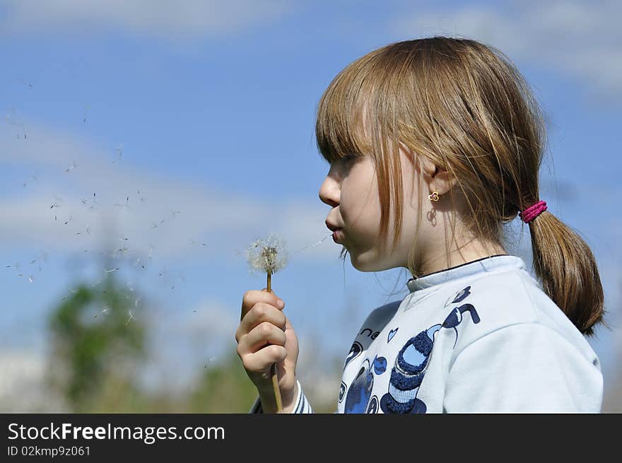 Little girl blowing a dandelion in bloom