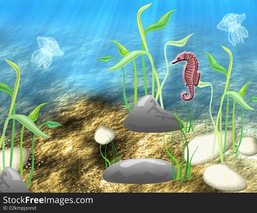 The underwater world with floating jellyfishes and the sea fad