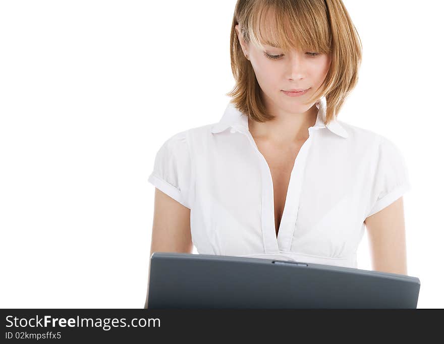 Attractive young woman with laptop on the white. Attractive young woman with laptop on the white