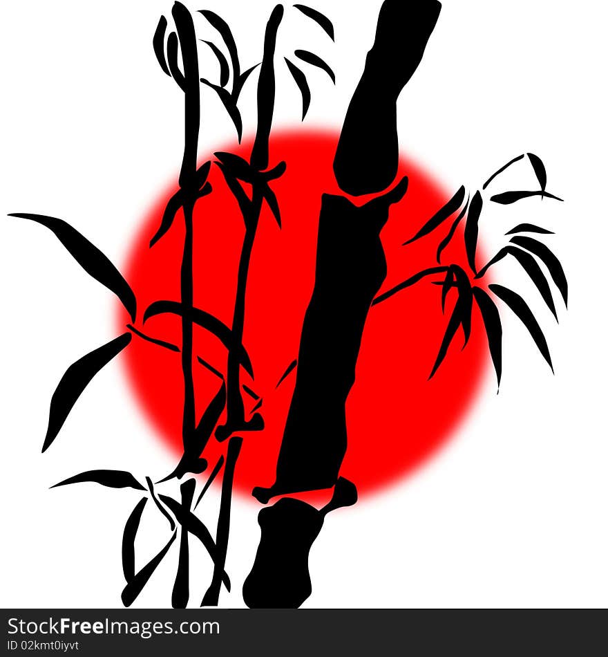 Abstract background with bamboo branches and the red sun