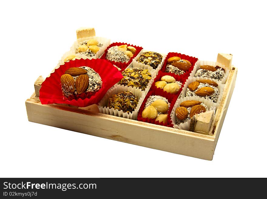 Set of sweets in wooden packing. Set of sweets in wooden packing