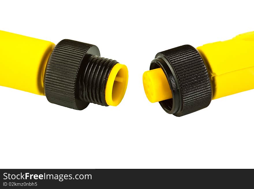 Yellow male plug and female jack on a white background. Yellow male plug and female jack on a white background