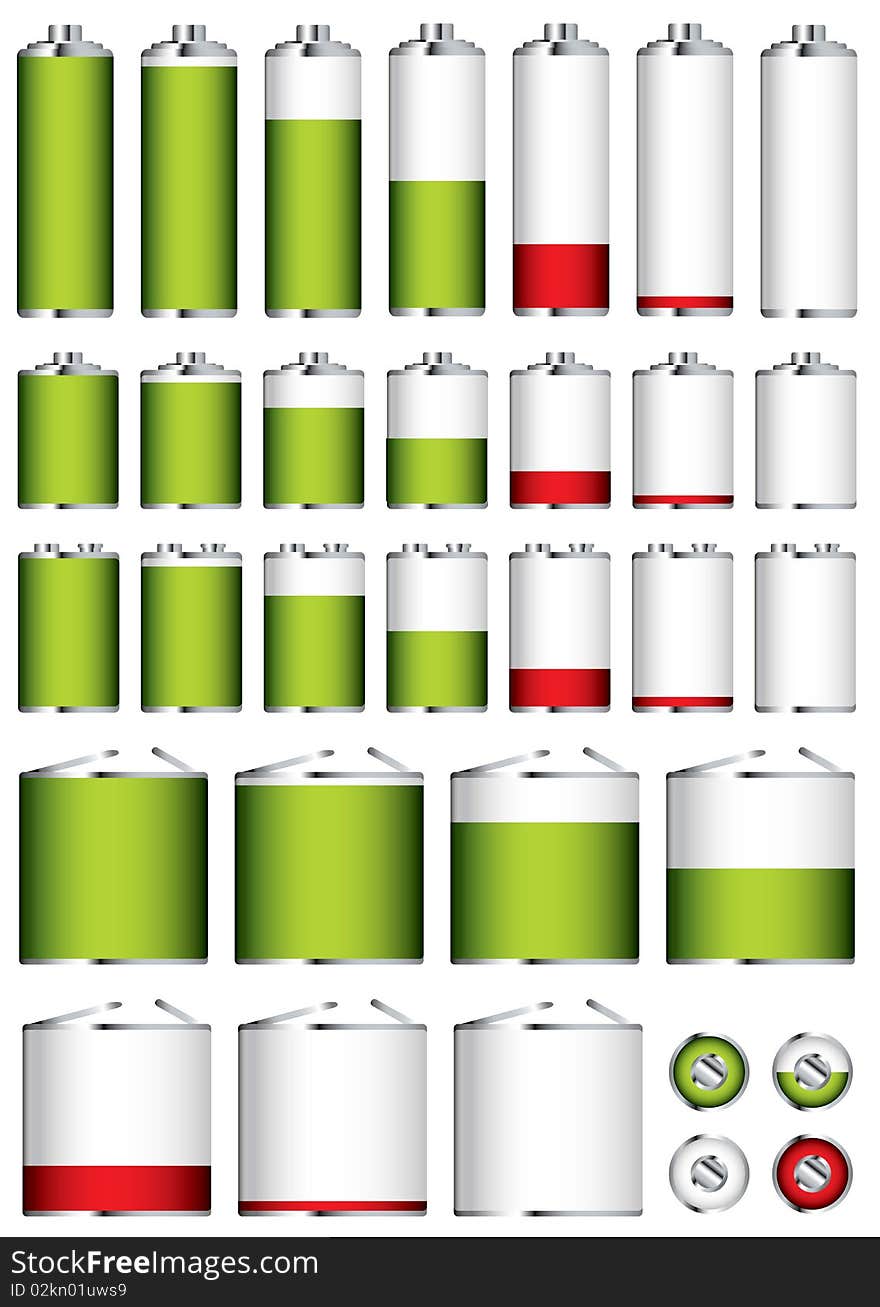 Collection of different battery sizes and shapes with charge levels. Collection of different battery sizes and shapes with charge levels