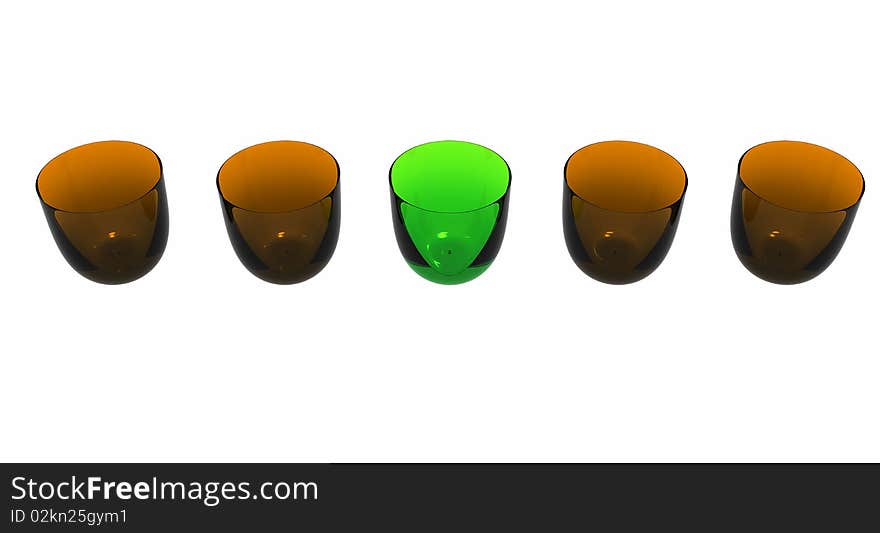 Five colored glasses, brown and green