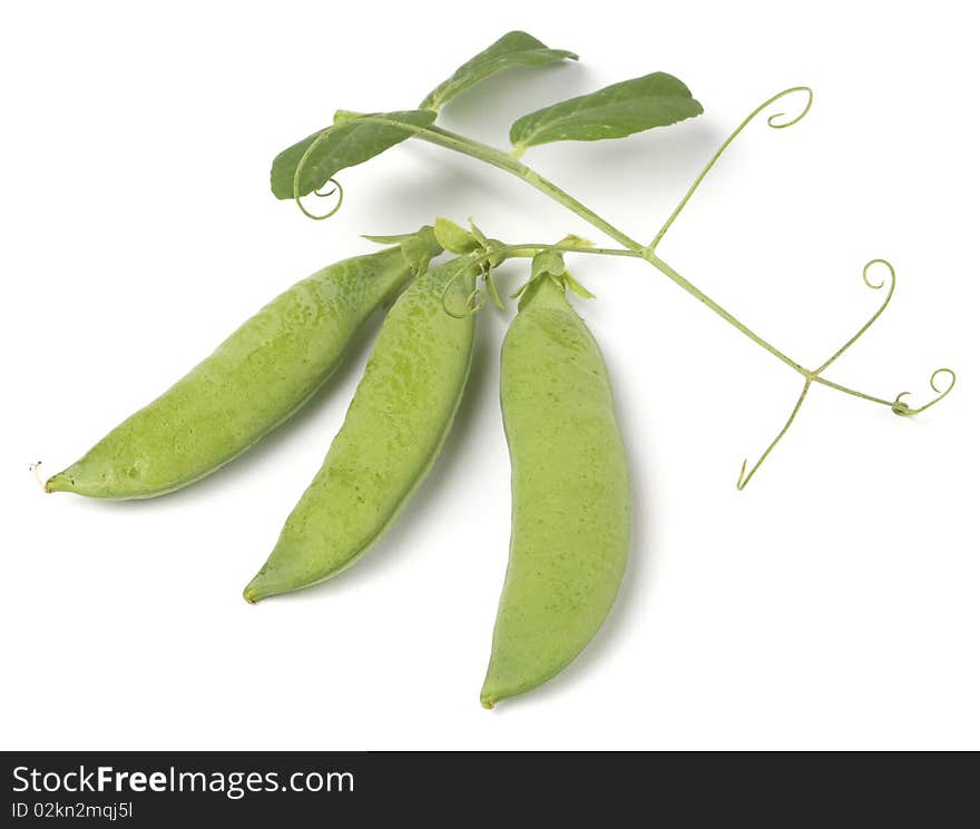 Garden green peas pods close-up on white background. Clipping path included. cleaned and retouched.