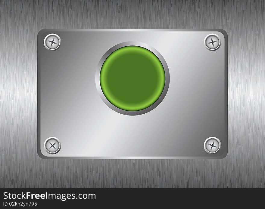 Silver metal background with green button and screw heads. Silver metal background with green button and screw heads