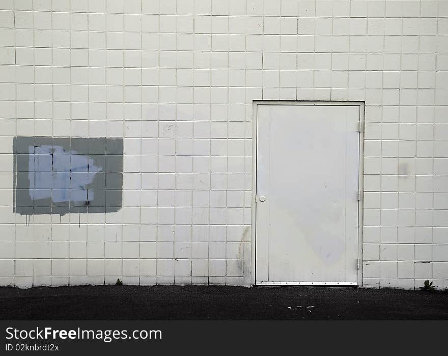 Tiled wall with a blank white door and gray spray paint covering graffiti. Tiled wall with a blank white door and gray spray paint covering graffiti.