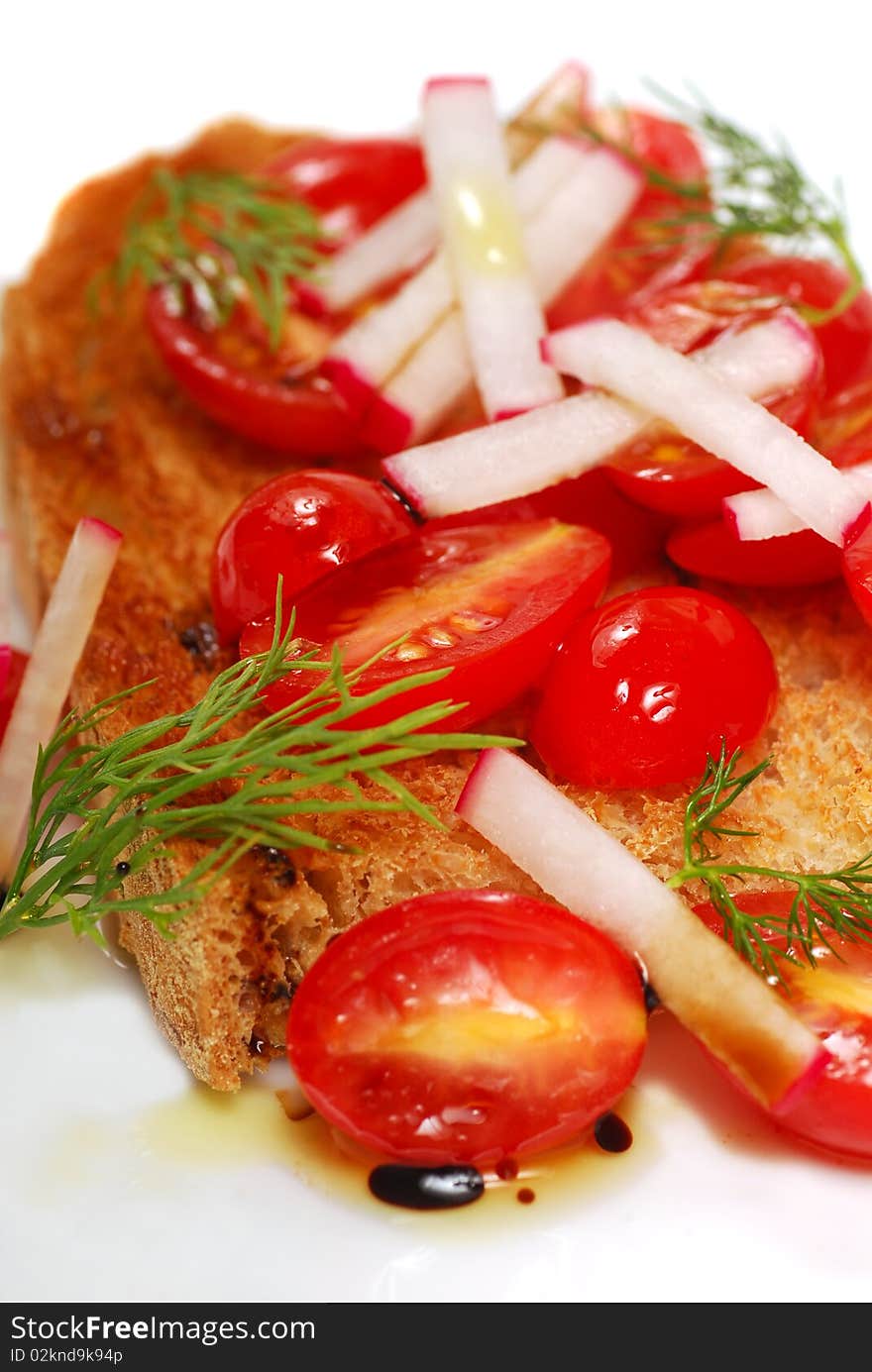 Fresh bruschetta with tomatoes, radish, dill with balsamic vinegar and olive oil. Fresh bruschetta with tomatoes, radish, dill with balsamic vinegar and olive oil