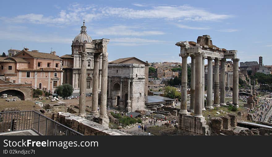 The Forum in Rome, Italy, showing the ruins of several temples. The Forum in Rome, Italy, showing the ruins of several temples