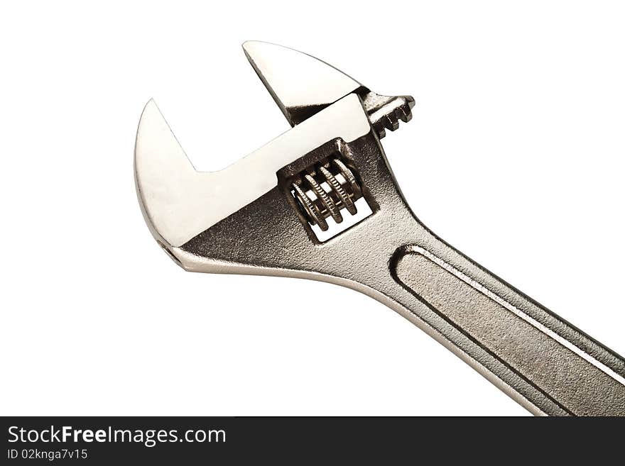 Closeup of a wrench isolated on white background.