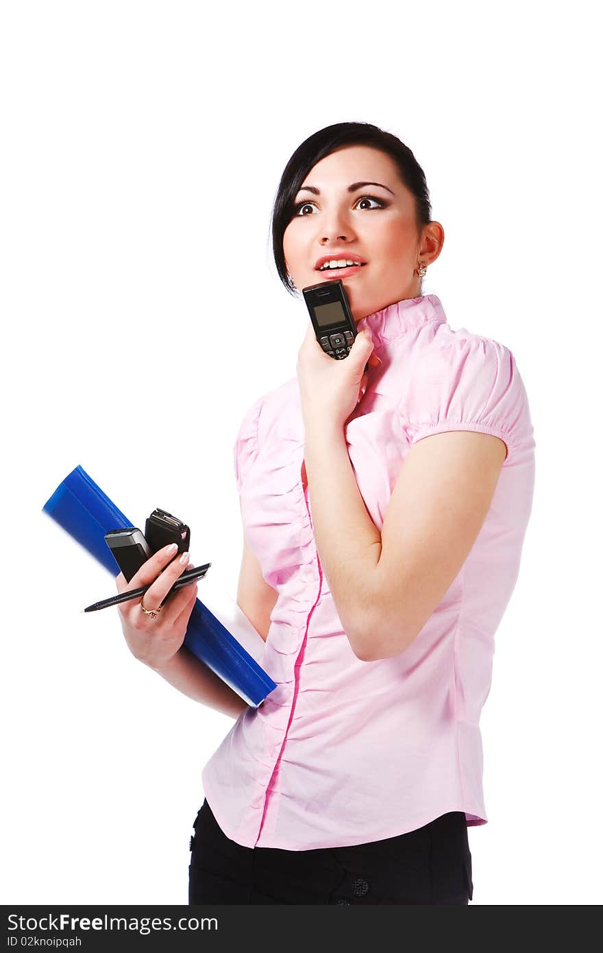 Portrait of a attractive young girl in pink blouse with papers on white background.