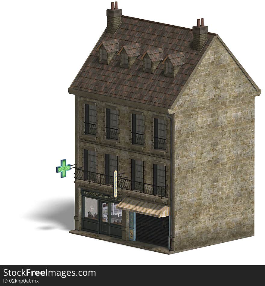 City Building Pharmacy. 3D rendering with clipping path and shadow over white