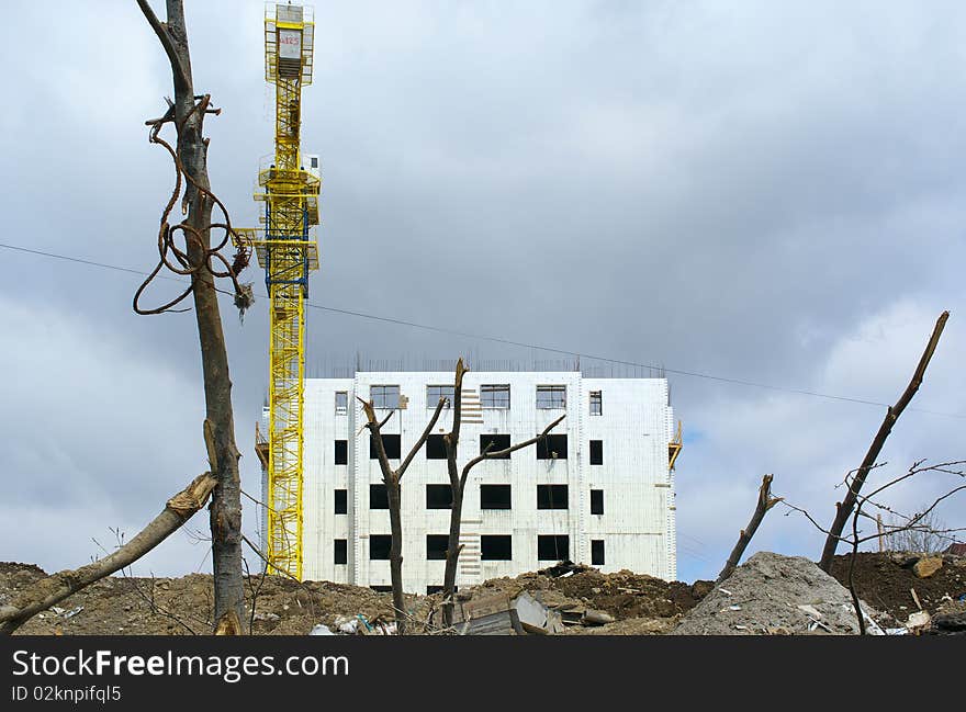 Construction site of a new house had destroyed young trees. Construction site of a new house had destroyed young trees