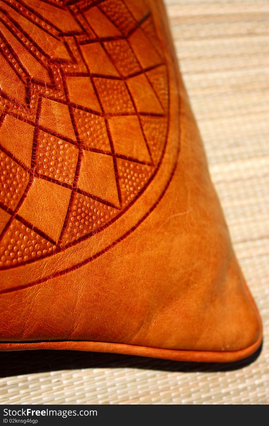 Leather pillow on rug