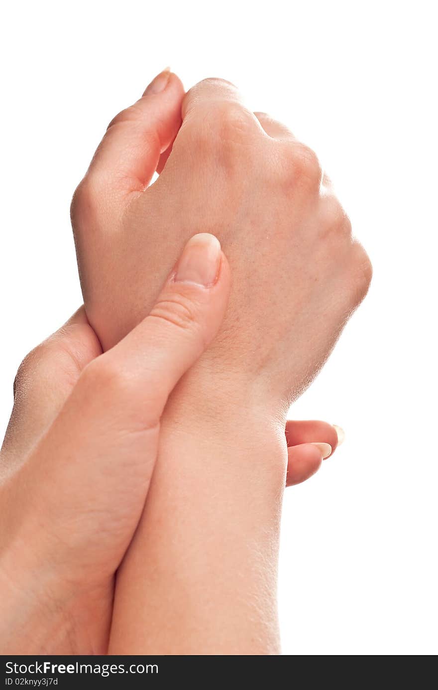 Female hand isolated on white background. Studio shot