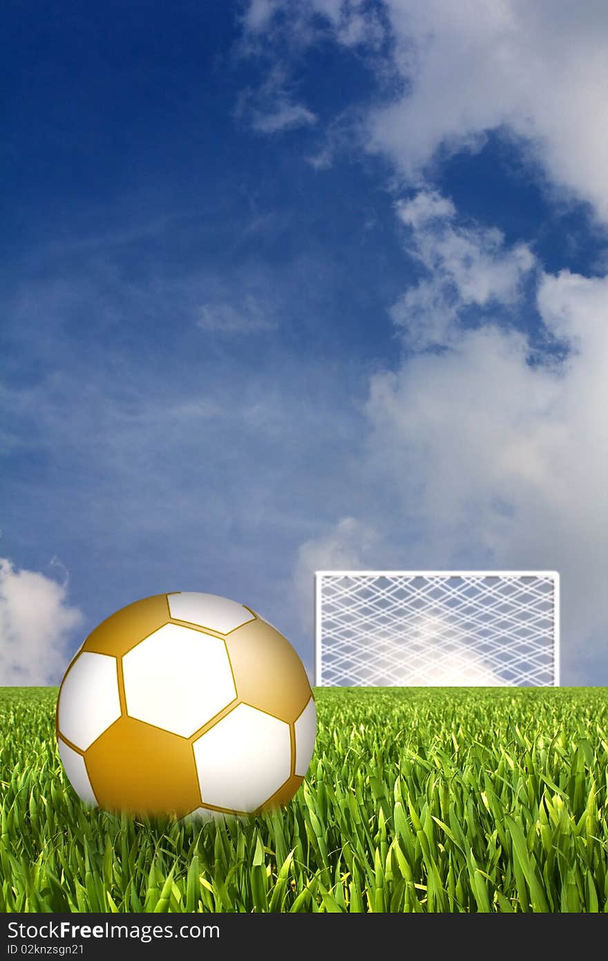 Golden football in grass field against goal and sky with clouds in background. Golden football in grass field against goal and sky with clouds in background