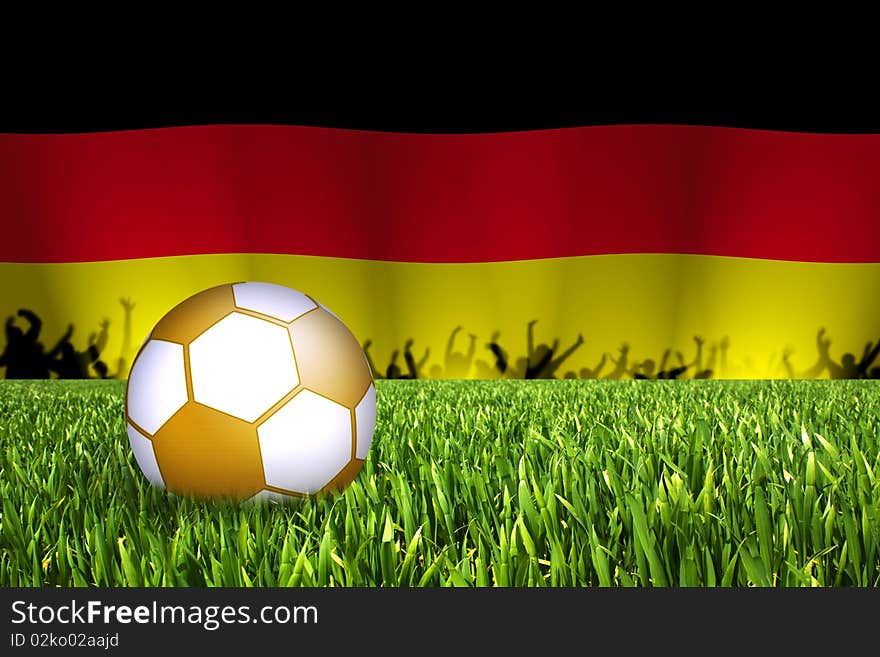 Golden football in grass field with german flag in background. Golden football in grass field with german flag in background