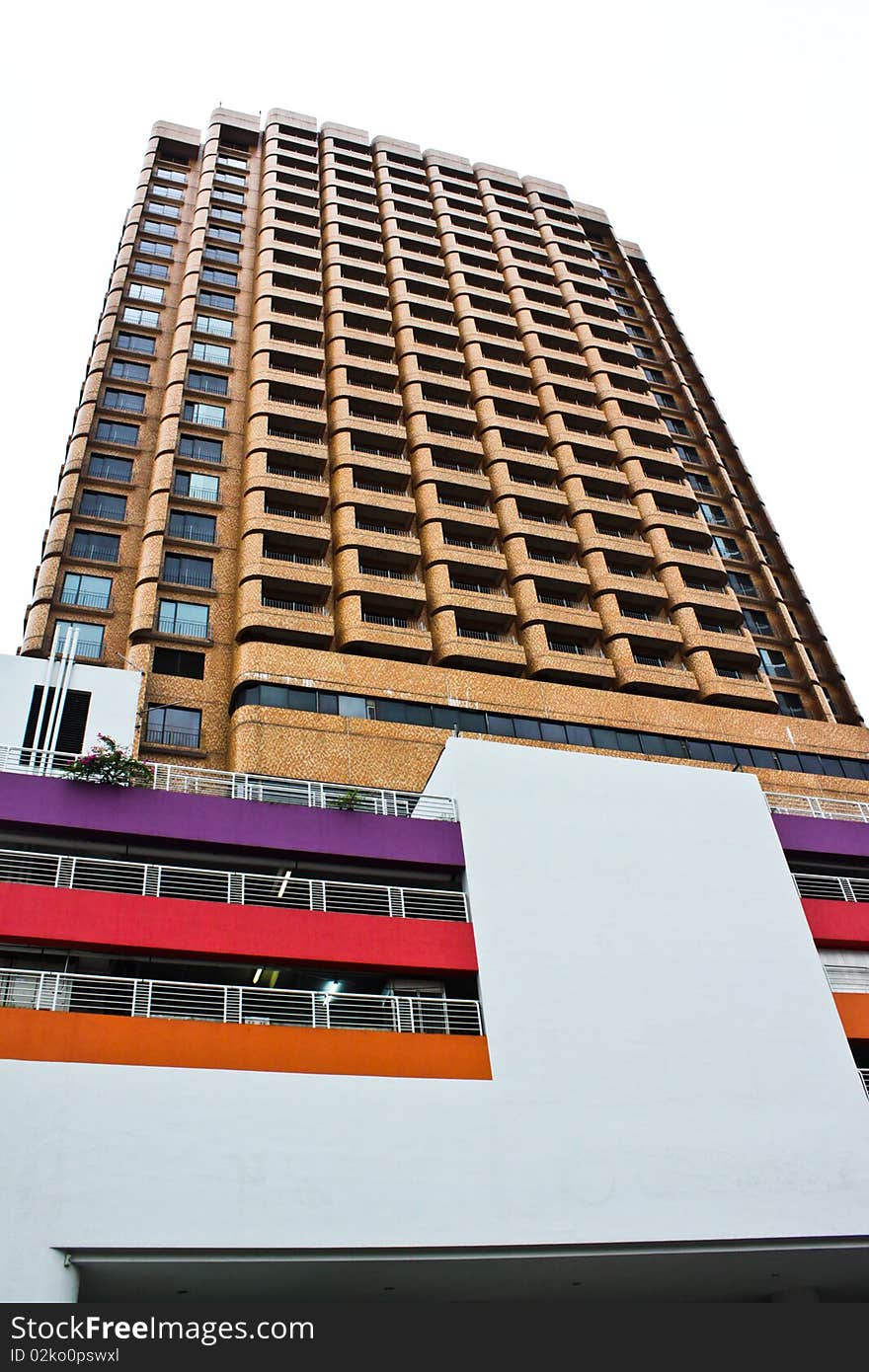 The building is tall and colorfull