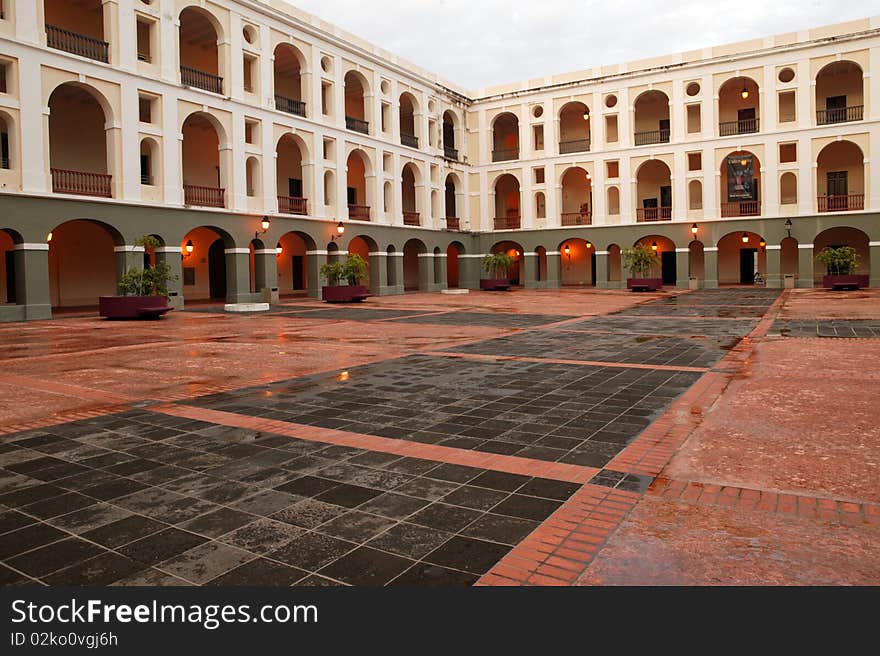 Rain soaked walkway in museum in Puerto Rico. Rain soaked walkway in museum in Puerto Rico