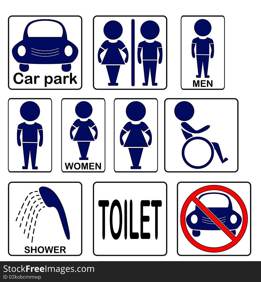 Vector illustration washroom and car park signs. Vector illustration washroom and car park signs