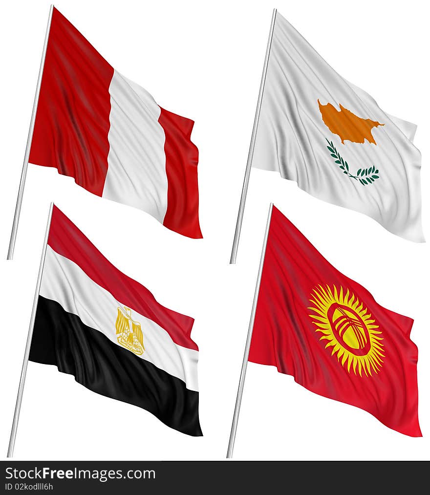 3D flags of world with fabric surface texture. White background.