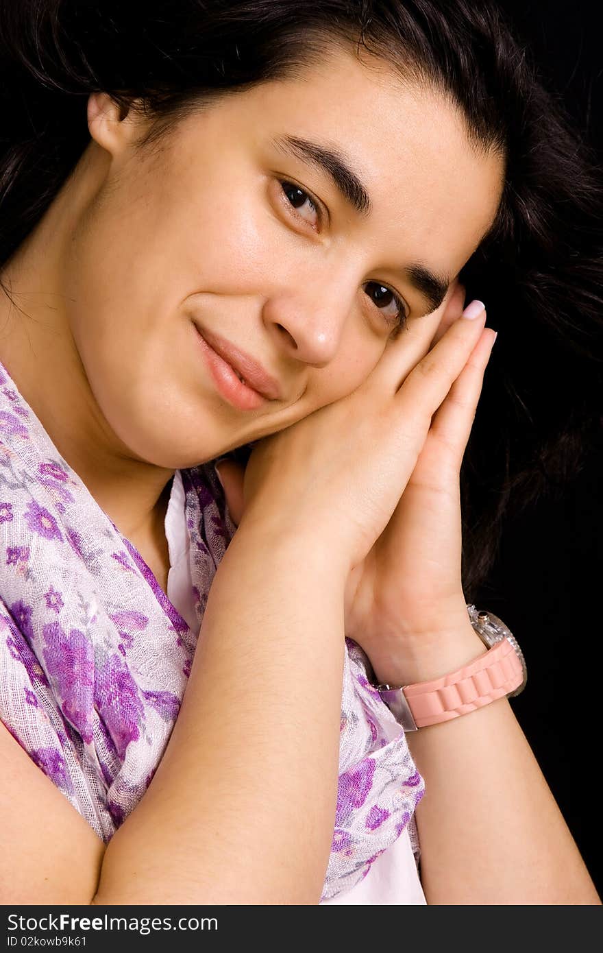 Portrait of young brunette beautiful woman on a black background. Portrait of young brunette beautiful woman on a black background