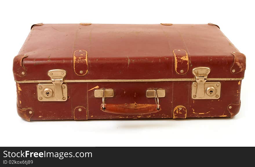 Old brown suitcase for travel white background