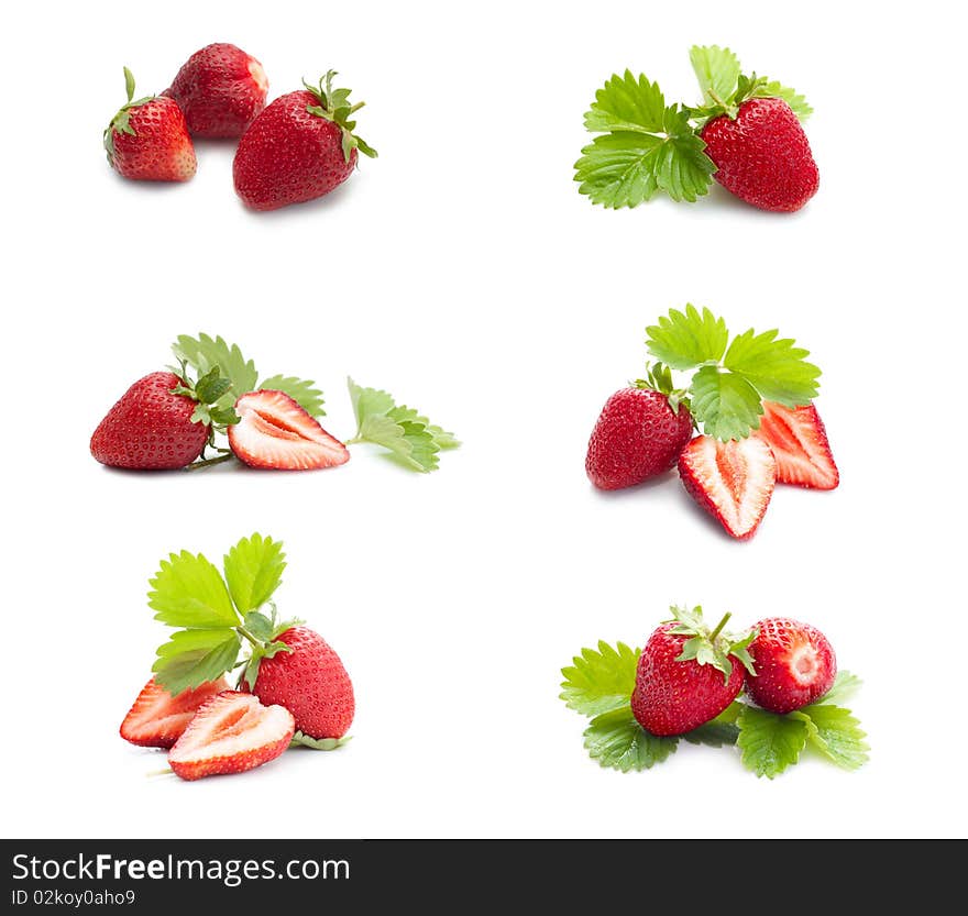 Six photoes of ripe strawberry with leaves on white background