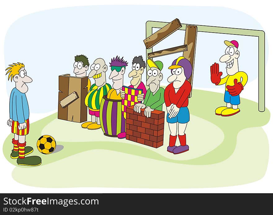 Illustration of football players and wall defense. Illustration of football players and wall defense