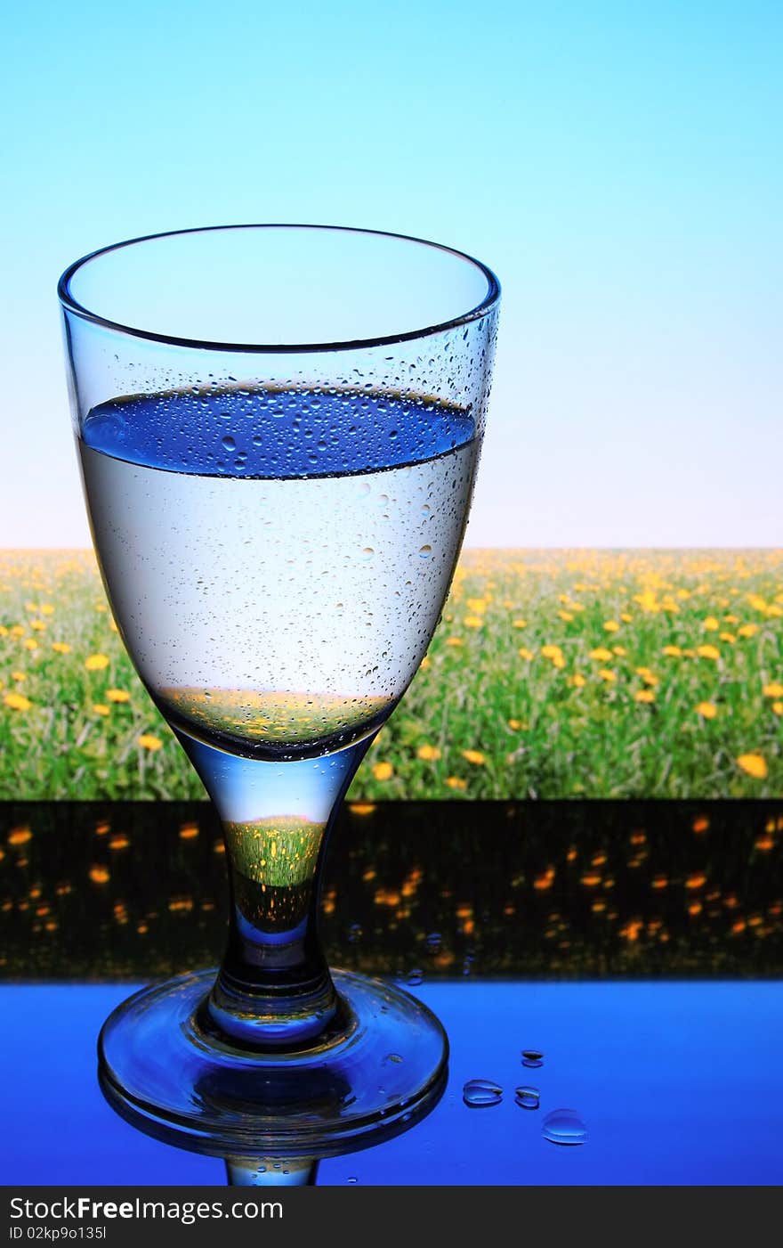 A glass of pure cold water against a summer landscape