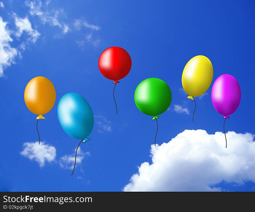 Multicoloured balloons fly  in the blue sky