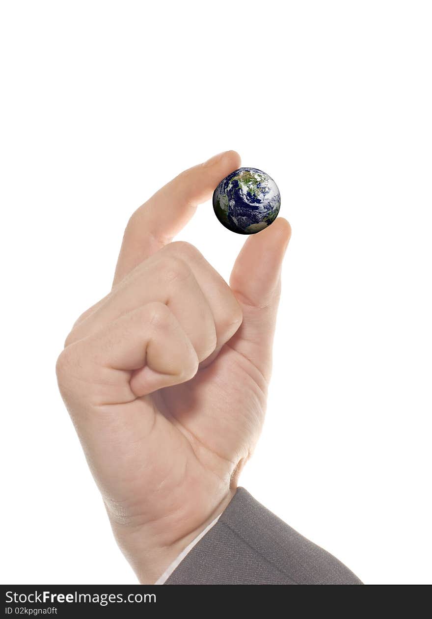 Earth in hands over white background