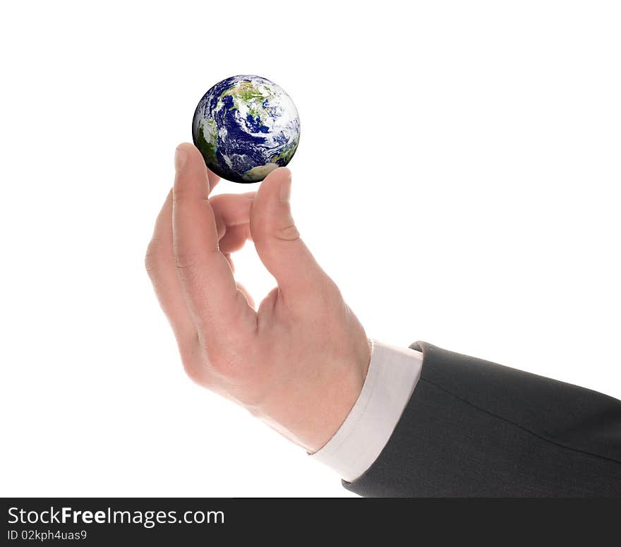 Earth in hands over white