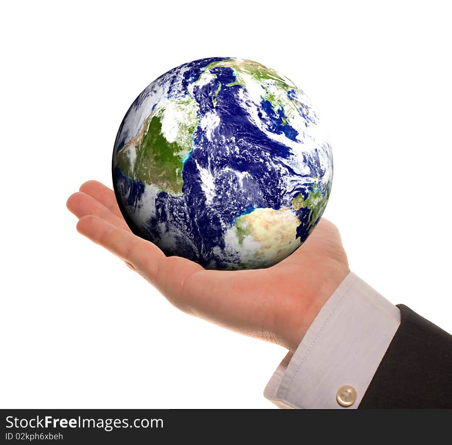 Earth in hands over white