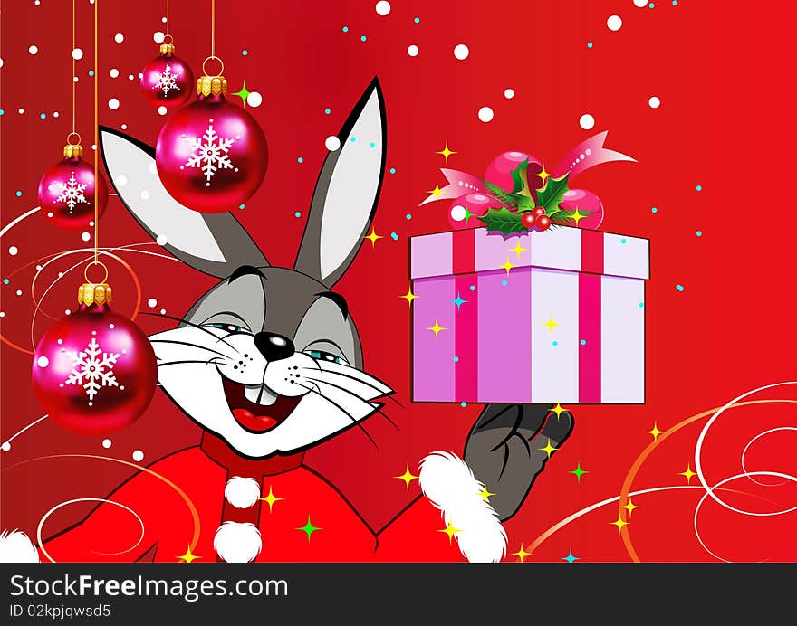 Year rabbit. Christmas rabbit with the gift of