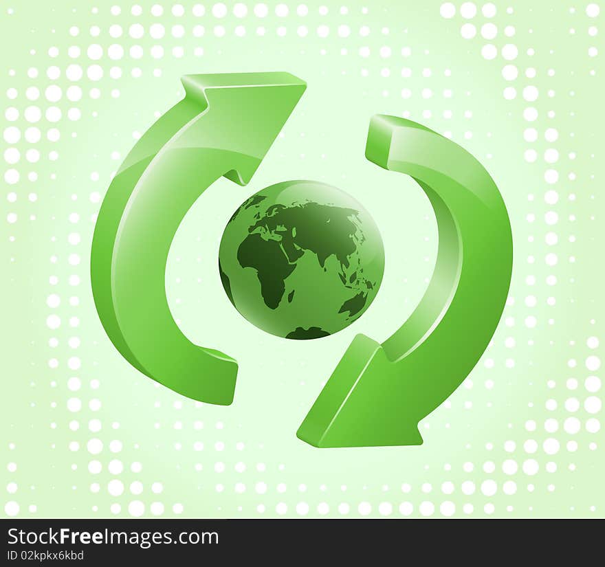 Green recycling-refreshing symbol with Earth in its center. Vector illustration. Green recycling-refreshing symbol with Earth in its center. Vector illustration