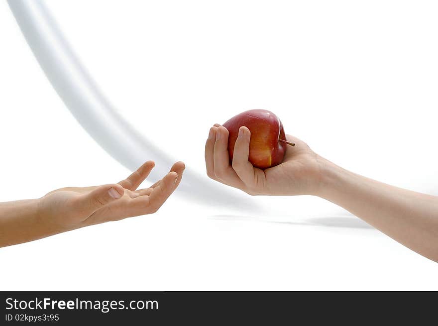 One child proposes apple to another child. One child proposes apple to another child