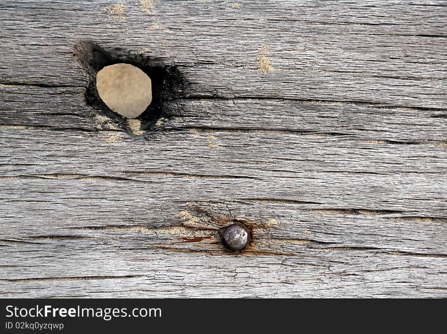 Detail of weathered lumber on beach. Knot hole and nail. Detail of weathered lumber on beach. Knot hole and nail.