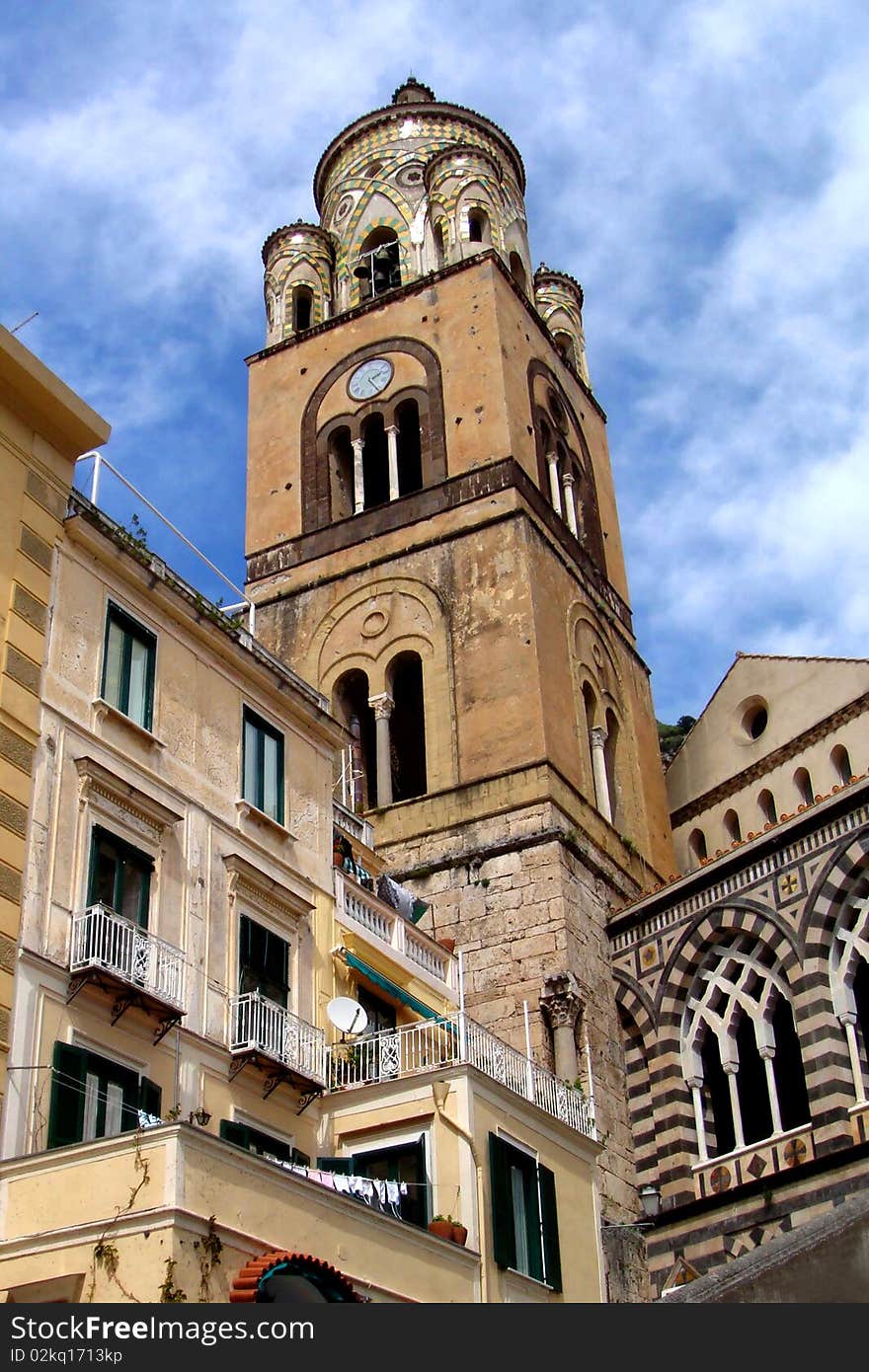 Detail of the Cathedral with the bell tower. Detail of the Cathedral with the bell tower