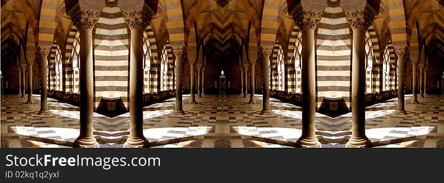 Wide-angle shot of the arcade of the Cathedral. Wide-angle shot of the arcade of the Cathedral