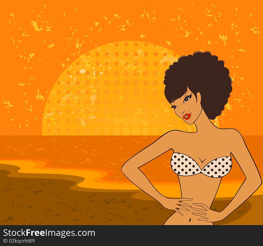 Beautiful girl on a summer beach. illustration in retro style