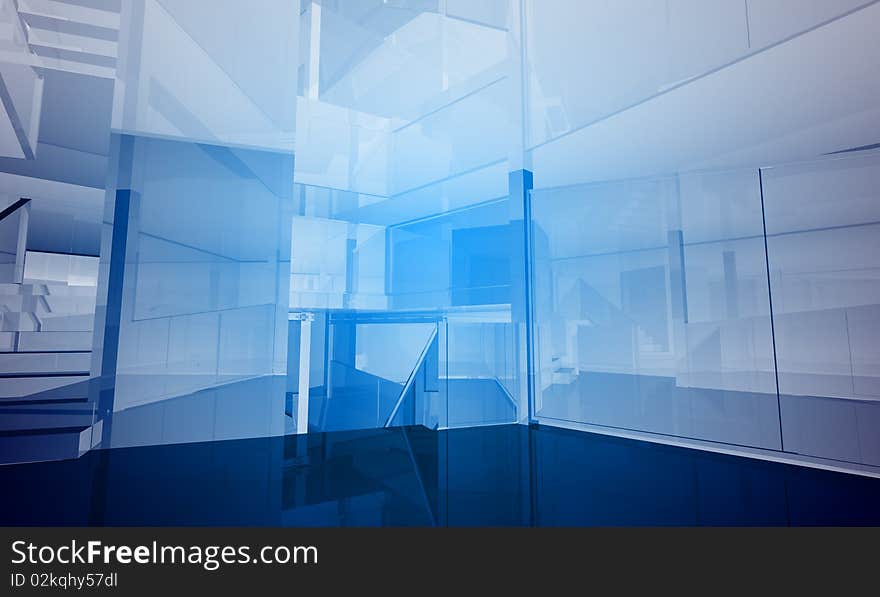 Indoor building. Office space with blue light effects