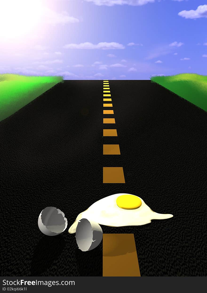 3d illustration of an egg frying on the asphalt on a very hot day. 3d illustration of an egg frying on the asphalt on a very hot day