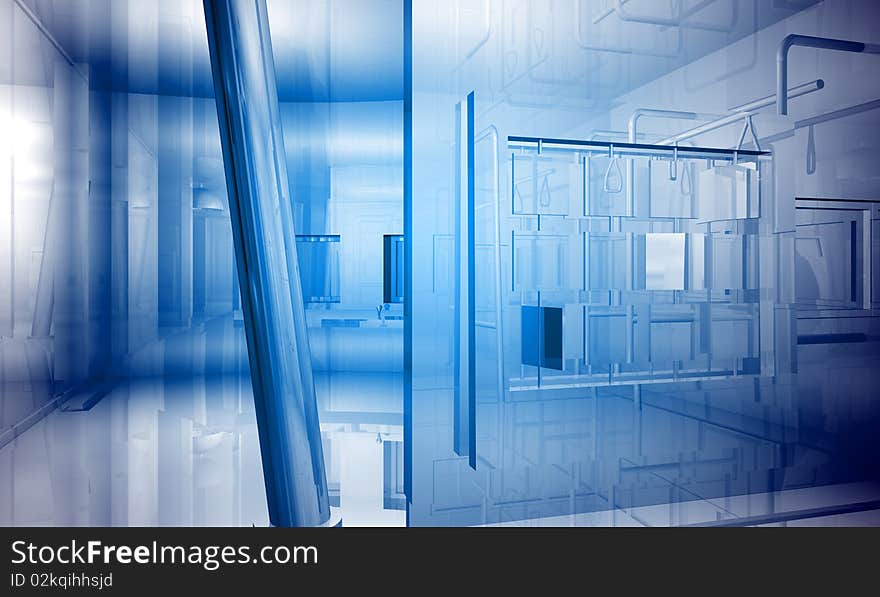 Indoor building. Office space with blue light effects