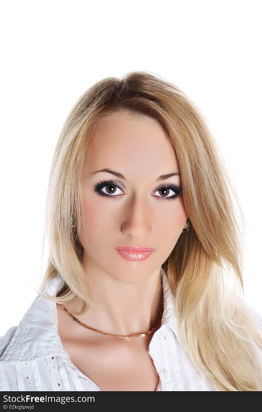 Portrait of a young beautiful woman. White background. Studio shot. Portrait of a young beautiful woman. White background. Studio shot.