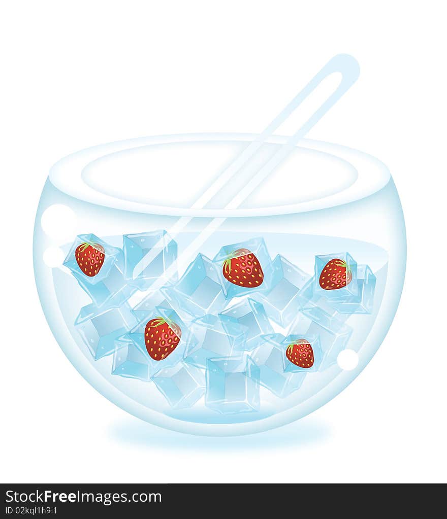 Ice cubes and frozen strawberry in a bowl. Ice cubes and frozen strawberry in a bowl